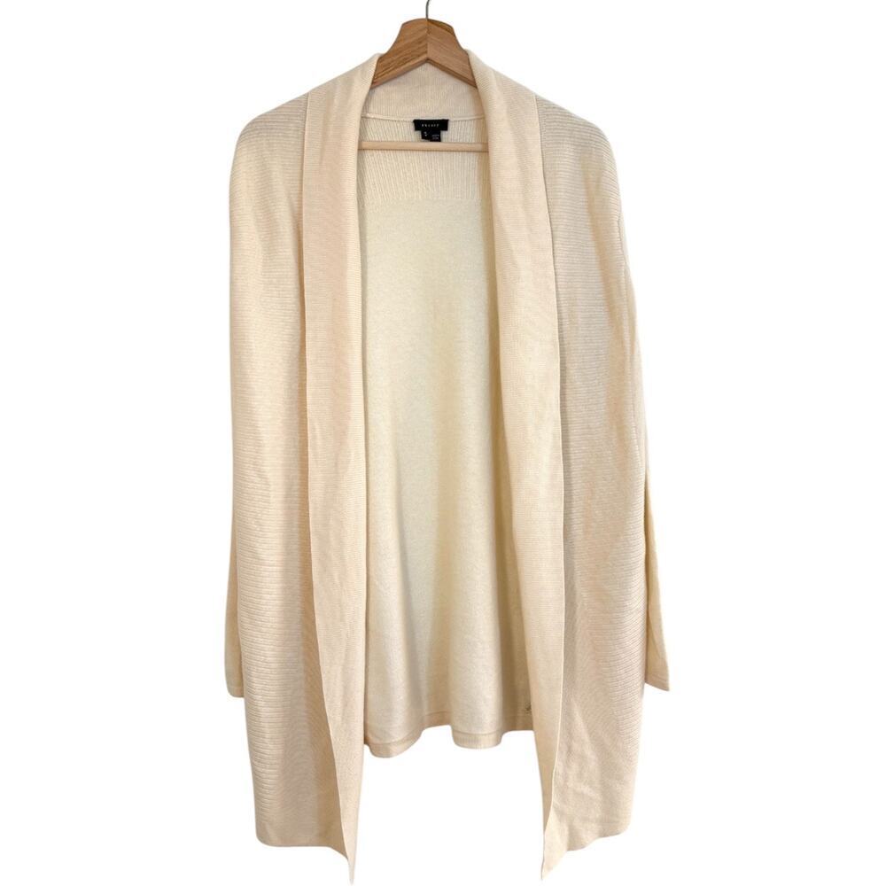 Theory Nobiz Cashmere Open Cardigan Sweater Size Small Cream Luxury Mid Length